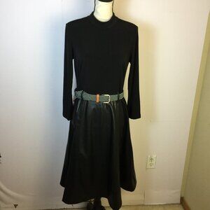 Calvin Klein Fit & Flare Dress Size 8 Black Faux Leather Mock Neck 3/4 Sleeve